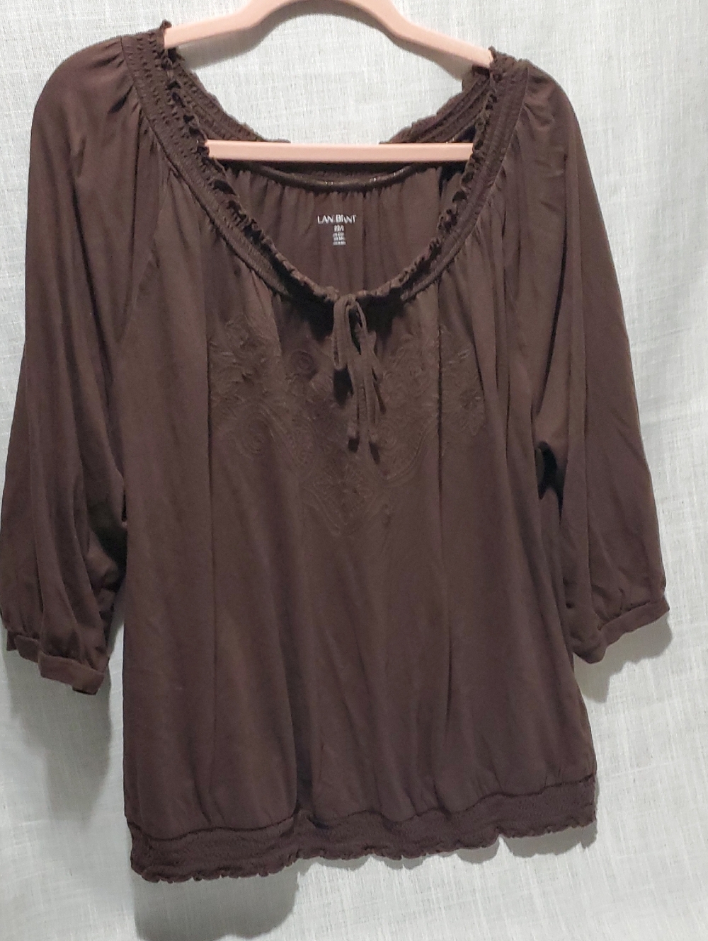 Lane Bryant Dark Brown Peasant Blouse with Tie Neck